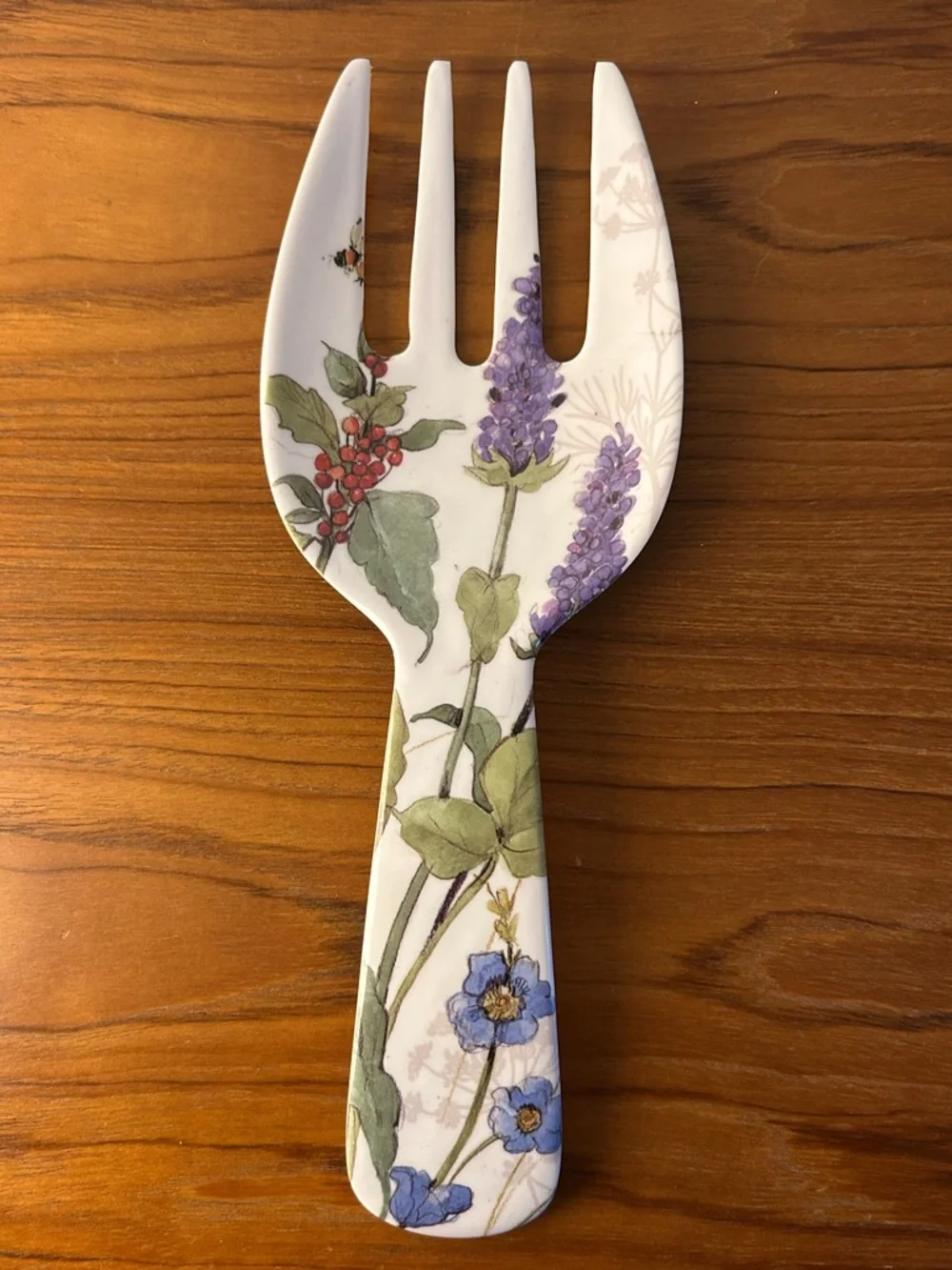 Melamine White Floral Serving Spoon and Fork Set with Multicolor Botanical Print